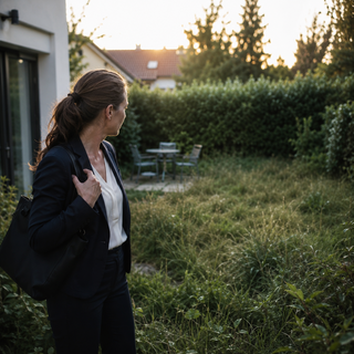 Berufstätige Frau blickt abends auf ihren überwachsenen Garten