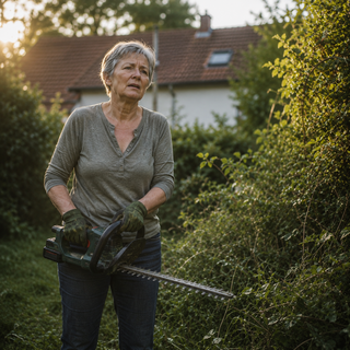 Ältere Gärtnerin mit schwerer Heckenschere im Garten
