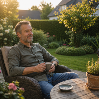 Zufriedener Mann entspannt auf seiner gepflegten Gartenterrasse