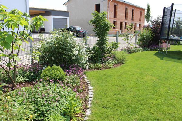 Gepflegter Hausgarten mit Rasen und Staudenbeet von Gartengestaltung Bissinger